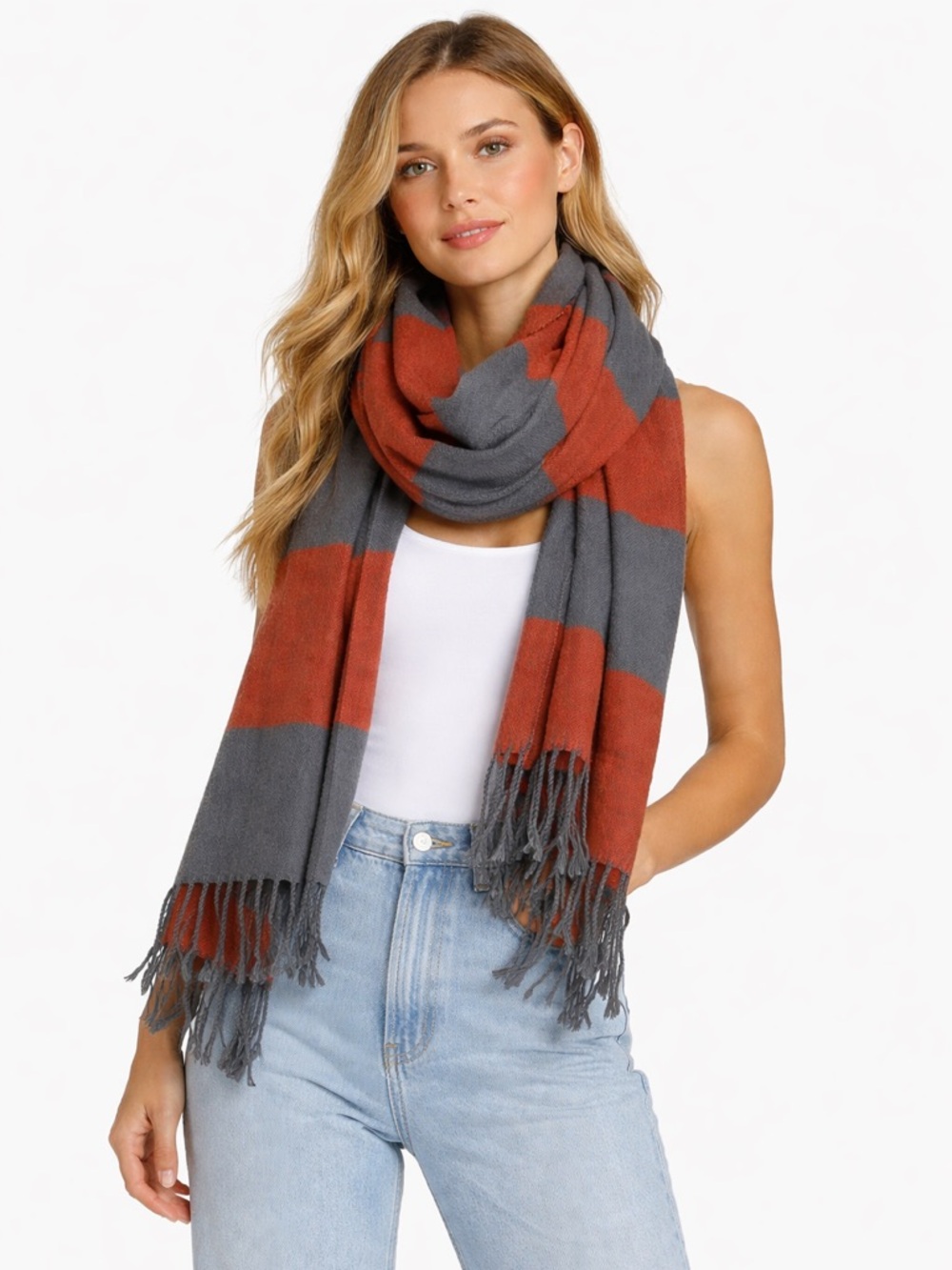 ***Cozy Striped Fringe Scarf - Rust & Gray